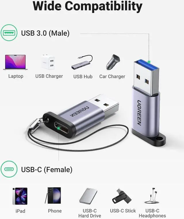 Alt view image 5 of 7 - 10Gbps USB C Female to USB Male Adapter 2 Pack Type C to USB A Charger Cable Converter Compatible with Apple Watch iPhone 15 14 13 AirPods 3 MacBook  Galaxy Note Google Pixel etc Gray