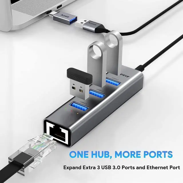 Alt view image 2 of 7 - Aceele USB C to Ethernet Adapter, 3.3ft Long Cable, Aluminum USB-C Hub with 4 USB 3.0 Ports, Thunderbolt 3/USB-C to RJ45 Gigabit Ethernet LAN Network Adapter Multiport for MacBook Pro/Air, iPad Pro