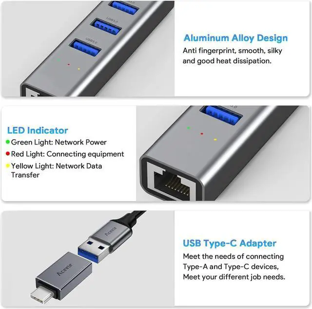 Alt view image 5 of 7 - Aceele USB C to Ethernet Adapter, 3.3ft Long Cable, Aluminum USB-C Hub with 4 USB 3.0 Ports, Thunderbolt 3/USB-C to RJ45 Gigabit Ethernet LAN Network Adapter Multiport for MacBook Pro/Air, iPad Pro