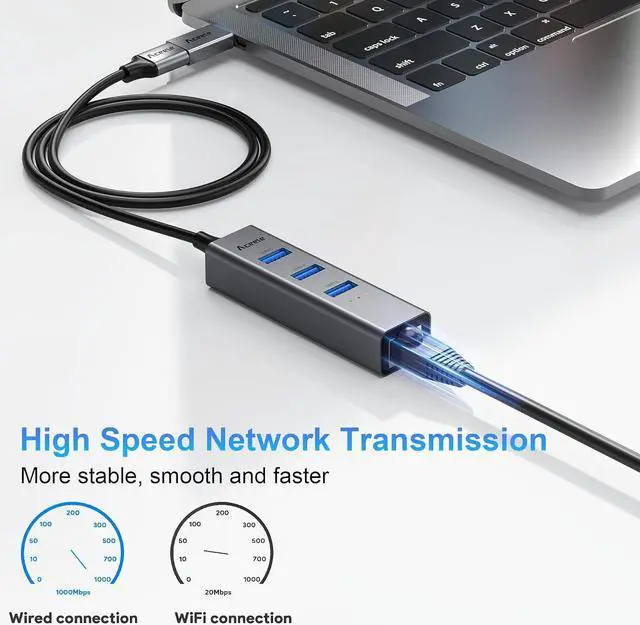 Alt view image 3 of 7 - Aceele USB C to Ethernet Adapter, 3.3ft Long Cable, Aluminum USB-C Hub with 4 USB 3.0 Ports, Thunderbolt 3/USB-C to RJ45 Gigabit Ethernet LAN Network Adapter Multiport for MacBook Pro/Air, iPad Pro