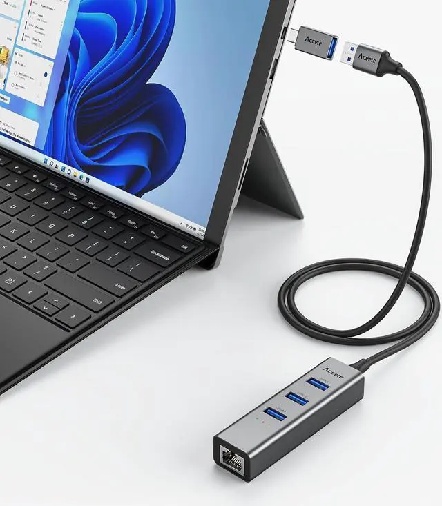 Alt view image 7 of 7 - Aceele USB C to Ethernet Adapter, 3.3ft Long Cable, Aluminum USB-C Hub with 4 USB 3.0 Ports, Thunderbolt 3/USB-C to RJ45 Gigabit Ethernet LAN Network Adapter Multiport for MacBook Pro/Air, iPad Pro