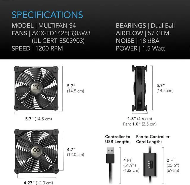 Alt view image 6 of 7 - AC Infinity MULTIFAN S4, Quiet 140mm USB Fan, UL-Certified for Receiver DVR Playstation Xbox Computer Cabinet Cooling