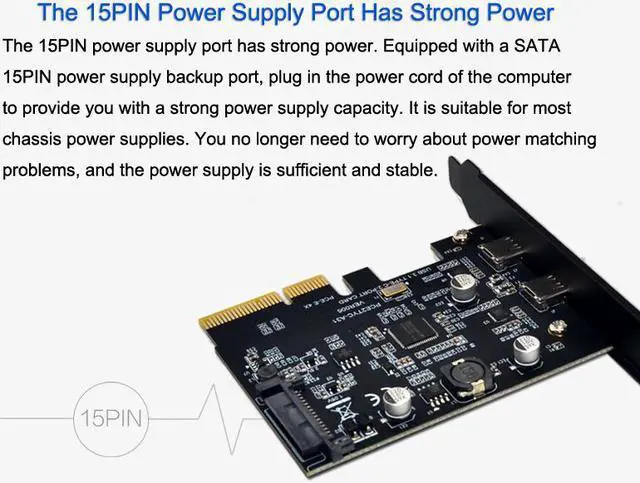 Alt view image 4 of 7 - PCI-Express 4X to USB 3.1 Gen 2 (10 Gbps) 2-Port Type C Expansion Card SATA 15Pin Connector Add On Card PCI Express USB C Card Asmedia ASM3142 Chipset (Dual Type-C Port)