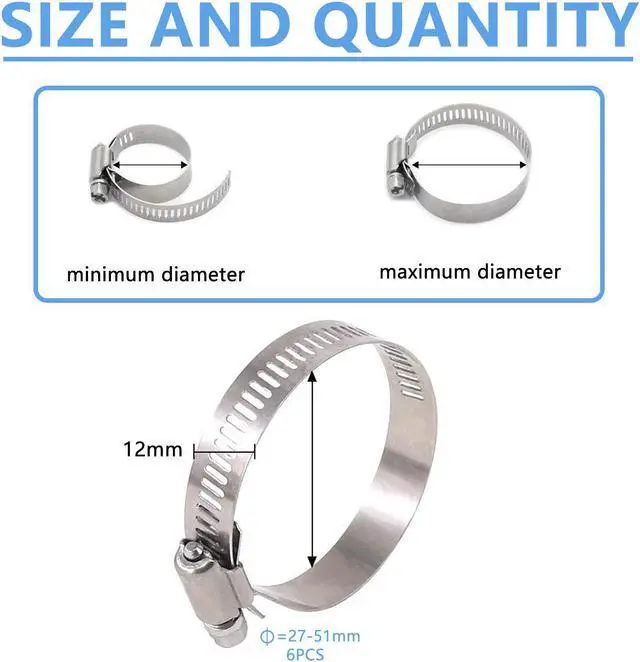 Alt view image 2 of 7 - 304 Stainless Steel Adjustable 27-51MM Range Worm Gear Hose Clamps Assortment Kit, Fuel Line Clamp for Water Pipe, Plumbing, Automotive and Mechanical Application (6pcs 27-51mm)