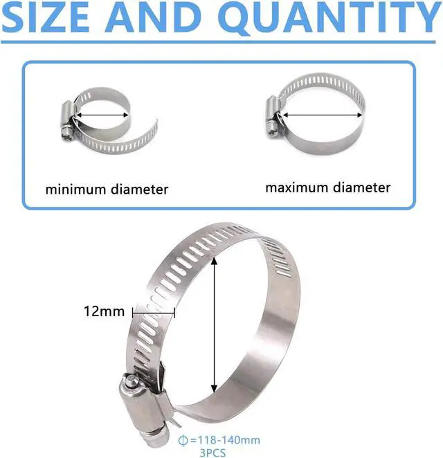 Alt view image 2 of 7 - 304 Stainless Steel Adjustable118-140MM Range Worm Gear Hose Clamps Assortment Kit, Fuel Line Clamp for Water Pipe, Plumbing, Automotive and Mechanical Application (3pcs 118-140mm)