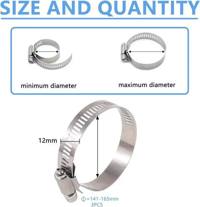 Alt view image 2 of 7 - 304 Stainless Steel Adjustable 141-165MM Range Worm Gear Hose Clamps Assortment Kit, Fuel Line Clamp for Water Pipe, Plumbing, Automotive and Mechanical Application (3pcs 141-165mm)