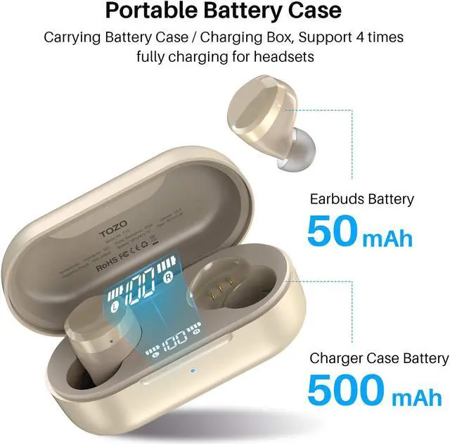 Alt view image 5 of 7 - TOZO T12 Wireless Earbuds Bluetooth Headphones Premium Fidelity Sound Quality Wireless Charging Case Digital LED Intelligence Display IPX8 Waterproof Earphones Built-in Mic Headset for Sport, Khaki