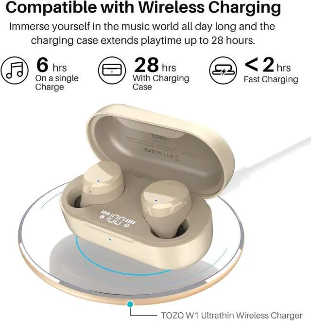 Alt view image 4 of 7 - TOZO T12 Wireless Earbuds Bluetooth Headphones Premium Fidelity Sound Quality Wireless Charging Case Digital LED Intelligence Display IPX8 Waterproof Earphones Built-in Mic Headset for Sport, Khaki