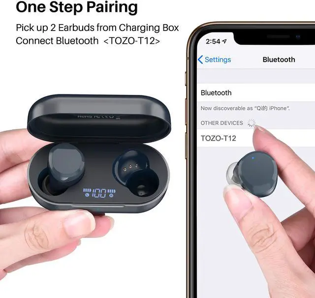 Alt view image 3 of 7 - TOZO T12 Wireless Earbuds Bluetooth Headphones Premium Fidelity Sound Quality Wireless Charging Case Digital LED Intelligence Display IPX8 Waterproof Earphones Built-in Mic Headset for Sport, Blue