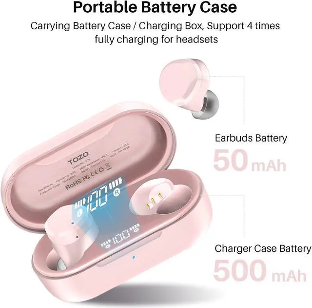 Alt view image 5 of 7 - TOZO T12 Wireless Earbuds Bluetooth Headphones Premium Fidelity Sound Quality Wireless Charging Case Digital LED Intelligence Display IPX8 Waterproof Earphones Built-in Mic Headset for Sport,Rose Gold