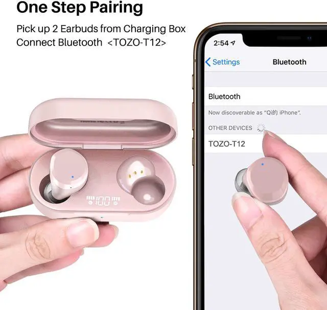 Alt view image 2 of 7 - TOZO T12 Wireless Earbuds Bluetooth Headphones Premium Fidelity Sound Quality Wireless Charging Case Digital LED Intelligence Display IPX8 Waterproof Earphones Built-in Mic Headset for Sport,Rose Gold