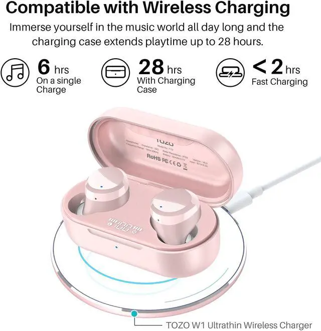 Alt view image 4 of 7 - TOZO T12 Wireless Earbuds Bluetooth Headphones Premium Fidelity Sound Quality Wireless Charging Case Digital LED Intelligence Display IPX8 Waterproof Earphones Built-in Mic Headset for Sport,Rose Gold