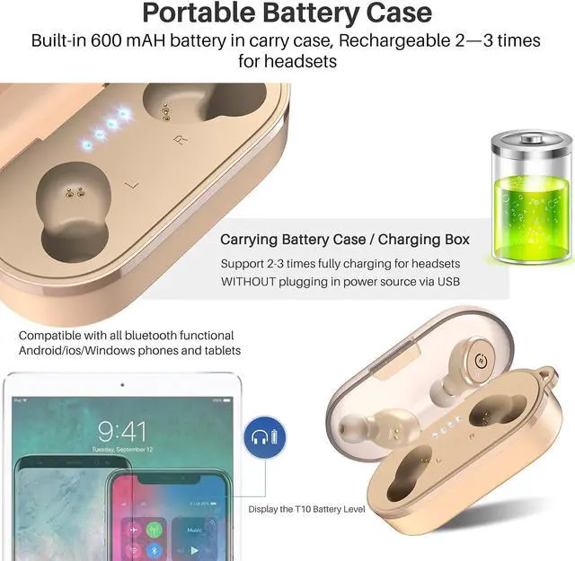 Alt view image 8 of 7 - TOZO T10 Bluetooth 5.3 Wireless Earbuds with Wireless Charging Case IPX8 Waterproof Stereo Headphones in Ear Built in Mic Headset Premium Sound with Deep Bass for Sport Khaki