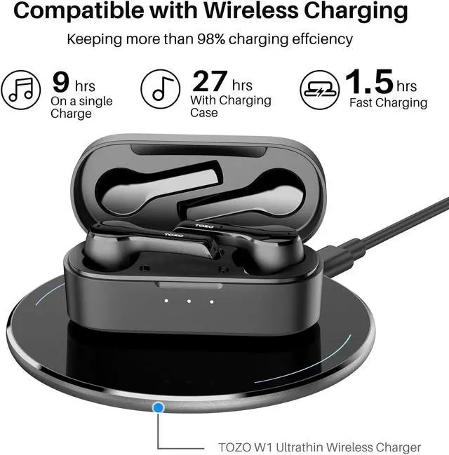 Alt view image 7 of 7 - TOZO T9 Bluetooth 5.3 Wireless Earbuds 4 Mic Call Environmental Noise Cancellation Headphones IPX7 Waterproof In-Ear Light Weight Earphones with Charging Case, Black