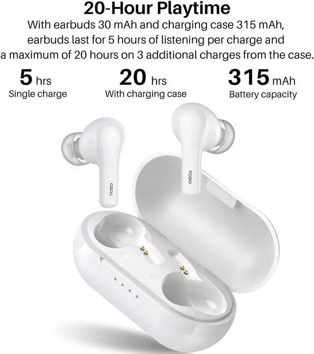 Alt view image 3 of 7 - TOZO A2-S Wireless Earbuds Bluetooth 5.3 in Ear Light-Weight Headphones Built-in Microphone Immersive Premium Sound Long Distance Connection Headset with Charging Case, White