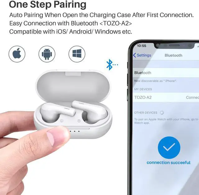 Alt view image 4 of 7 - TOZO A2-S Wireless Earbuds Bluetooth 5.3 in Ear Light-Weight Headphones Built-in Microphone Immersive Premium Sound Long Distance Connection Headset with Charging Case, White