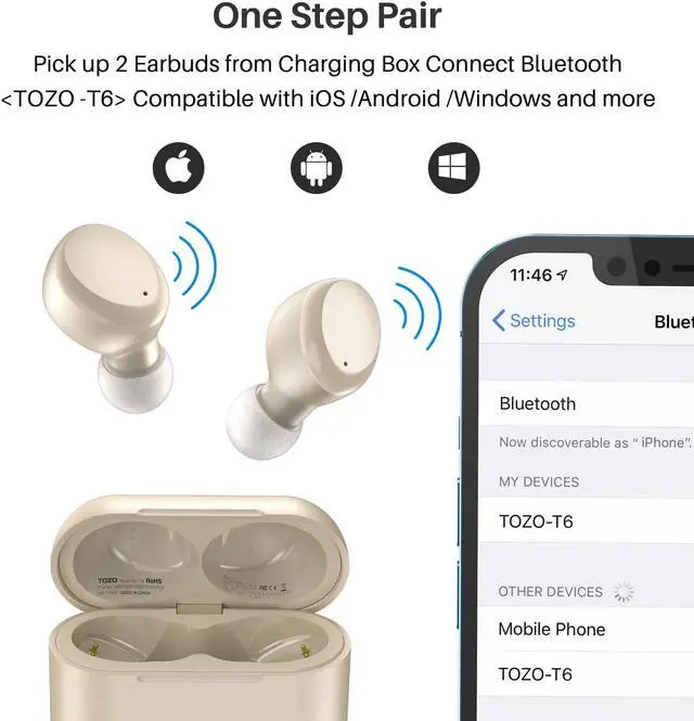 Alt view image 3 of 7 - TOZO T6 True Wireless Earbuds Bluetooth 5.3 In Ear Headphones Touch Control with Wireless Charging Case IPX8 Waterproof Built-in Mic Headset Premium Deep Bass Earphones, Champagne