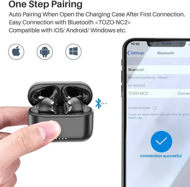 Alt view image 6 of 7 - TOZO NC2 Wireless Earbuds Hybrid Active Noise Cancelling, in-Ear Detection Headphones, IPX6 Waterproof Bluetooth 5.2 Stereo Earphones, Immersive Sound Premium Deep Bass Headset, Black