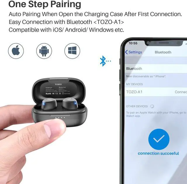 Alt view image 6 of 7 - TOZO A1 Wireless Earbuds Bluetooth 5.3 in Ear Headphones Built-in Microphone, Immersive Premium Sound 24 Hours Playtime with USB-C Charging Case, Black