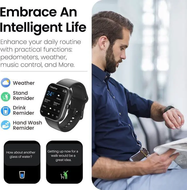 Alt view image 6 of 7 - TOZO S3 Smart Watch Bluetooth 5.3 Answer/Make Call, 1.83-inch Touch Screen, Heart Rate/Blood Oxygen/Sleep Monitor Fitness Tracker, IP68 Waterproof Smartwatch Compatible with iPhone & Android, Black