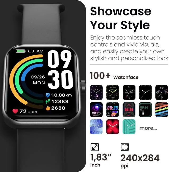 Alt view image 7 of 7 - TOZO S3 Smart Watch Bluetooth 5.3 Answer/Make Call, 1.83-inch Touch Screen, Heart Rate/Blood Oxygen/Sleep Monitor Fitness Tracker, IP68 Waterproof Smartwatch Compatible with iPhone & Android, Black