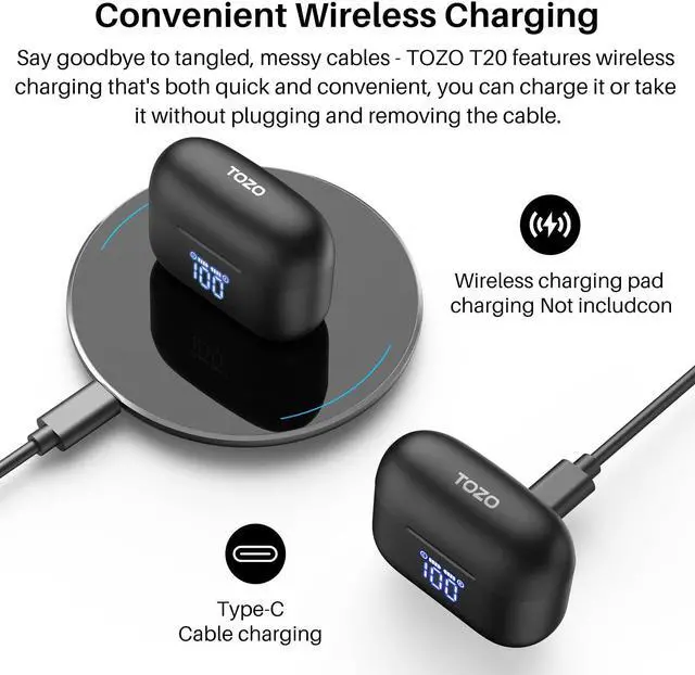 Alt view image 4 of 7 - TOZO T20 Wireless Earbuds Bluetooth 5.3 Dual Mic Call Noise Canceling Headphones with LED Digital Display, 48.5 Hours Playtime IPX8 Waterproof, Black