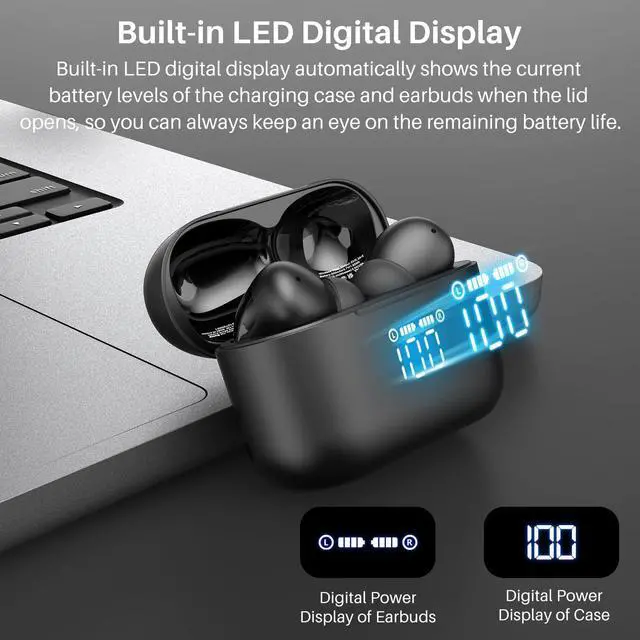 Alt view image 3 of 7 - TOZO T20 Wireless Earbuds Bluetooth 5.3 Dual Mic Call Noise Canceling Headphones with LED Digital Display, 48.5 Hours Playtime IPX8 Waterproof, Black