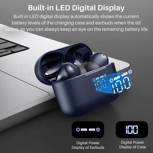 Alt view image 2 of 7 - TOZO T20 Wireless Earbuds Bluetooth 5.3 Dual Mic Call Noise Canceling Headphones with LED Digital Display, 48.5 Hours Playtime IPX8 Waterproof, Blue