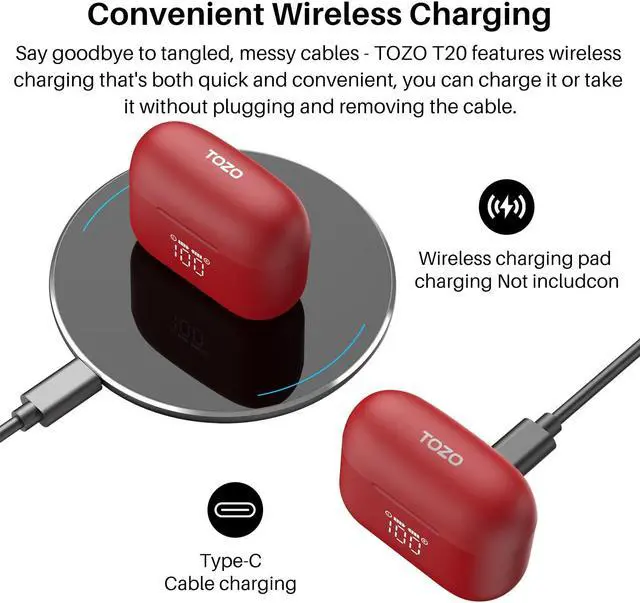 Alt view image 4 of 7 - TOZO T20 Wireless Earbuds Bluetooth 5.3 Dual Mic Call Noise Canceling Headphones with LED Digital Display, 48.5 Hours Playtime IPX8 Waterproof, Red
