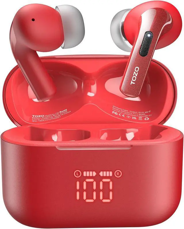 Main image of TOZO T20 Wireless Earbuds Bluetooth 5.3 Dual Mic Call Noise Canceling Headphones with LED Digital Display, 48.5 Hours Playtime IPX8 Waterproof, Red