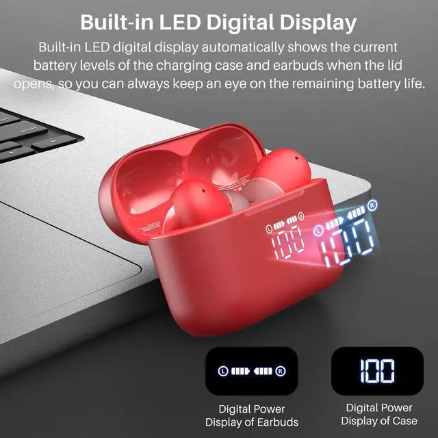 Alt view image 2 of 7 - TOZO T20 Wireless Earbuds Bluetooth 5.3 Dual Mic Call Noise Canceling Headphones with LED Digital Display, 48.5 Hours Playtime IPX8 Waterproof, Red