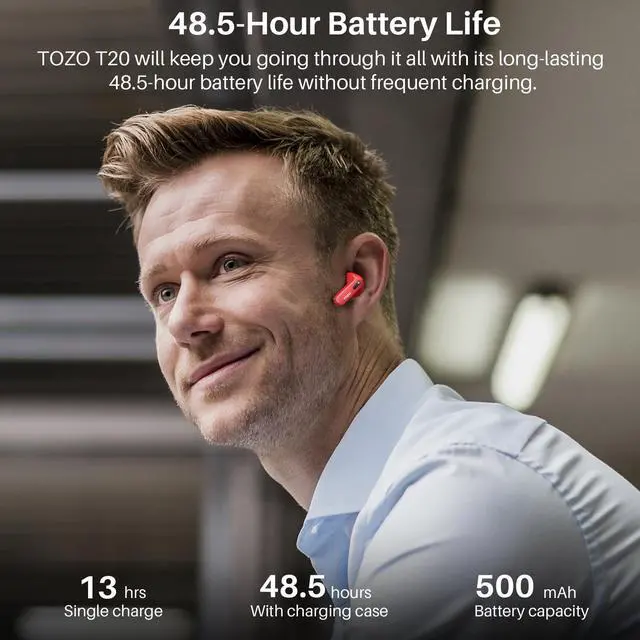 Alt view image 6 of 7 - TOZO T20 Wireless Earbuds Bluetooth 5.3 Dual Mic Call Noise Canceling Headphones with LED Digital Display, 48.5 Hours Playtime IPX8 Waterproof, Red