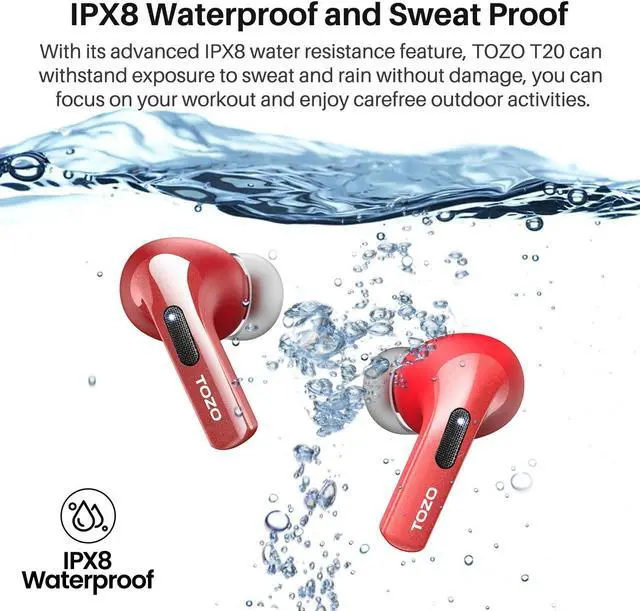 Alt view image 7 of 7 - TOZO T20 Wireless Earbuds Bluetooth 5.3 Dual Mic Call Noise Canceling Headphones with LED Digital Display, 48.5 Hours Playtime IPX8 Waterproof, Red