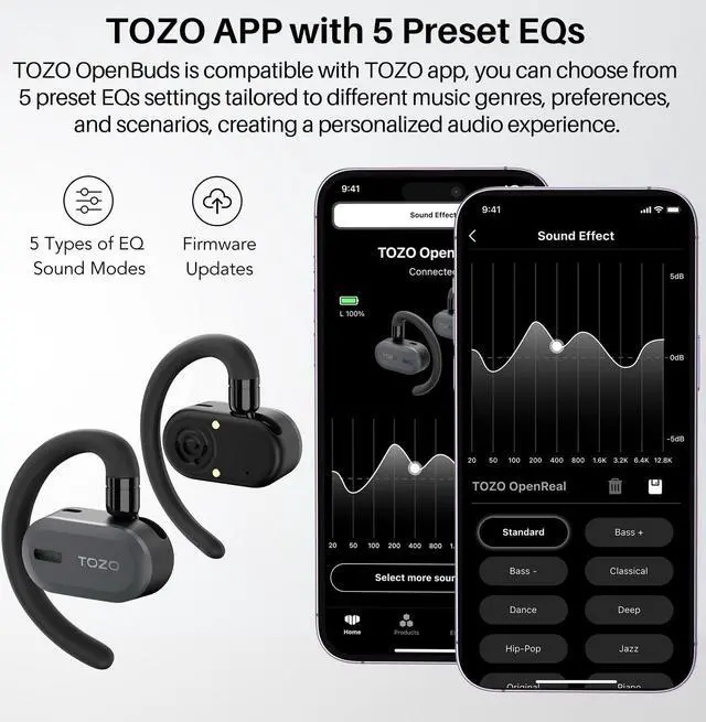 Alt view image 7 of 7 - TOZO OpenBuds True Open Ear Sport Headphones Bluetooth 5.3 Wireless Earbuds with Multi-Angle Adjustment, Dual-Axis Design for Long-lasting Comfort, Crystal-Clear Calls for Sport, Driving, Black
