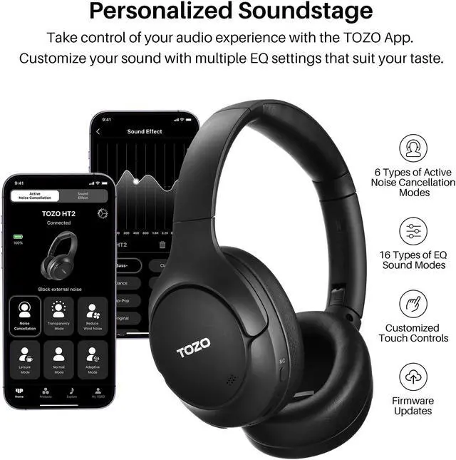 Alt view image 6 of 7 - TOZO Wireless Over Ear Bluetooth 5.3 Headphones Hybrid Active Noise Cancelling Headphones 60H Playtime Hi-Res Audio Deep Bass, Support APP, Black