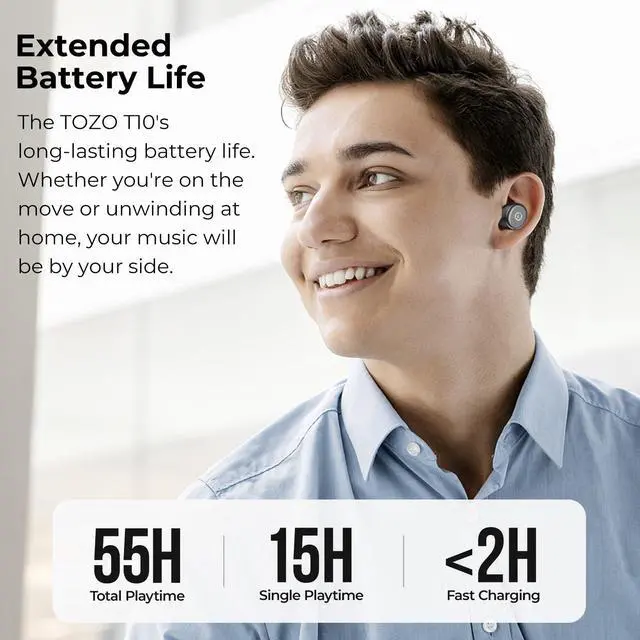 Alt view image 4 of 7 - TOZO T10 Wireless Earbuds Bluetooth 5.3 in-Ear Headphones, Ergonomic Design, App Customize EQ, 55H Playtime, Powerful Sound Headset IPX8 Waterproof, Black