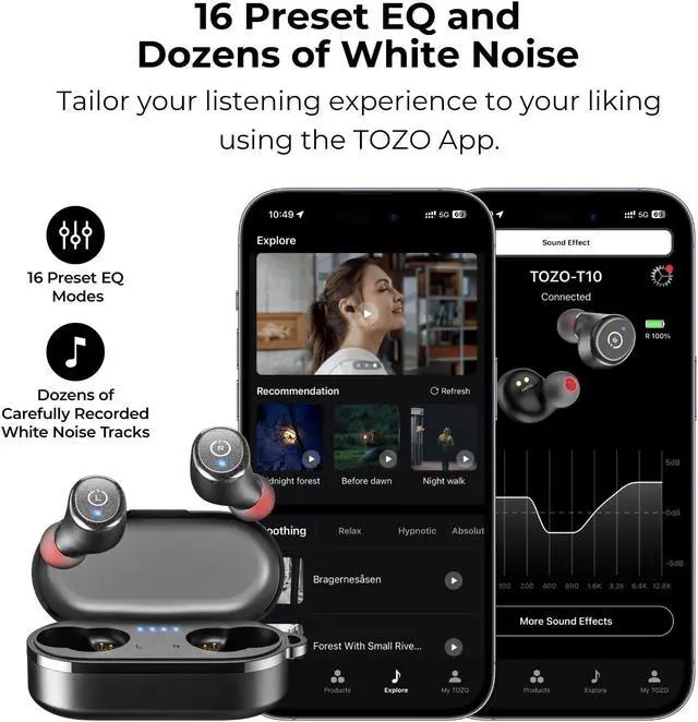Alt view image 6 of 7 - TOZO T10 Wireless Earbuds Bluetooth 5.3 in-Ear Headphones, Ergonomic Design, App Customize EQ, 55H Playtime, Powerful Sound Headset IPX8 Waterproof, Black