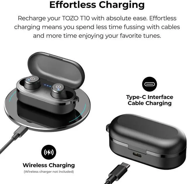 Alt view image 5 of 7 - TOZO T10 Wireless Earbuds Bluetooth 5.3 in-Ear Headphones, Ergonomic Design, App Customize EQ, 55H Playtime, Powerful Sound Headset IPX8 Waterproof, Black