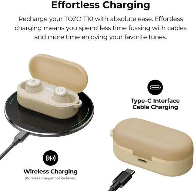 Alt view image 6 of 7 - TOZO T10 Wireless Earbuds Bluetooth 5.3 in-Ear Headphones, Ergonomic Design, App Customize EQ, 55H Playtime, Powerful Sound Headset IPX8 Waterproof, Khaki