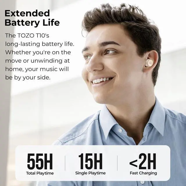 Alt view image 2 of 7 - TOZO T10 Wireless Earbuds Bluetooth 5.3 in-Ear Headphones, Ergonomic Design, App Customize EQ, 55H Playtime, Powerful Sound Headset IPX8 Waterproof, Khaki