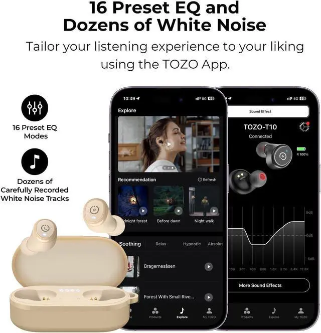Alt view image 5 of 7 - TOZO T10 Wireless Earbuds Bluetooth 5.3 in-Ear Headphones, Ergonomic Design, App Customize EQ, 55H Playtime, Powerful Sound Headset IPX8 Waterproof, Khaki