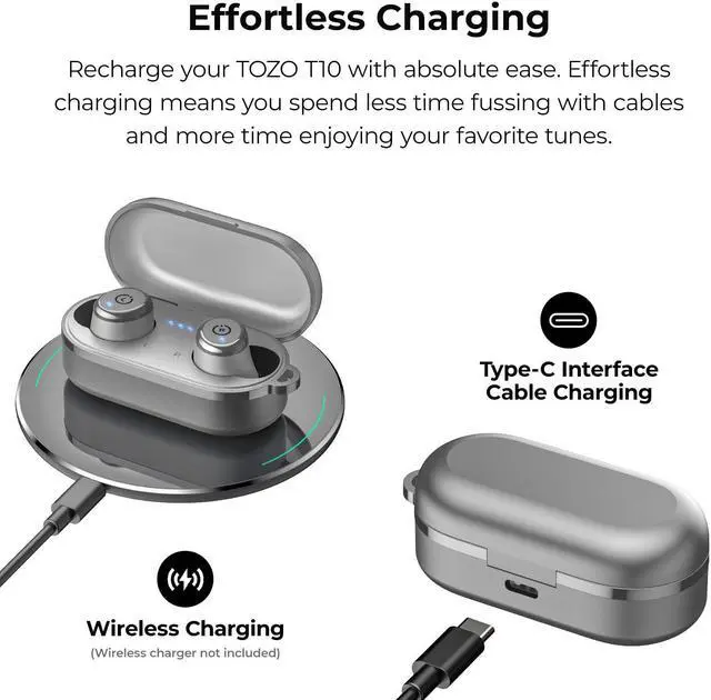 Alt view image 6 of 7 - TOZO T10 Wireless Earbuds Bluetooth 5.3 in-Ear Headphones, Ergonomic Design, App Customize EQ, 55H Playtime, Powerful Sound Headset IPX8 Waterproof, Gray