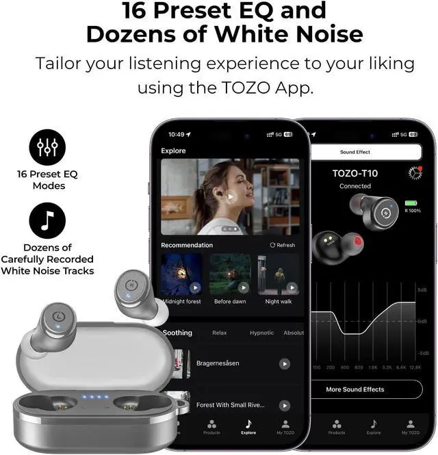 Alt view image 5 of 7 - TOZO T10 Wireless Earbuds Bluetooth 5.3 in-Ear Headphones, Ergonomic Design, App Customize EQ, 55H Playtime, Powerful Sound Headset IPX8 Waterproof, Gray
