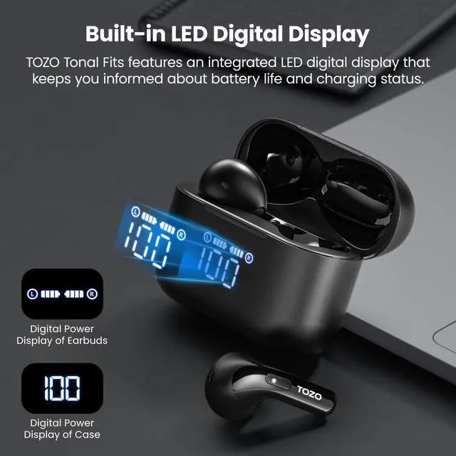 Alt view image 2 of 7 - TOZO T21 Bluetooth Wireless Earbuds Semi-in-ear Stereo Headphones Dual Mic Noise Cancelling, 44H Playtime with LED Digital Display Charging Case, Onyx Black