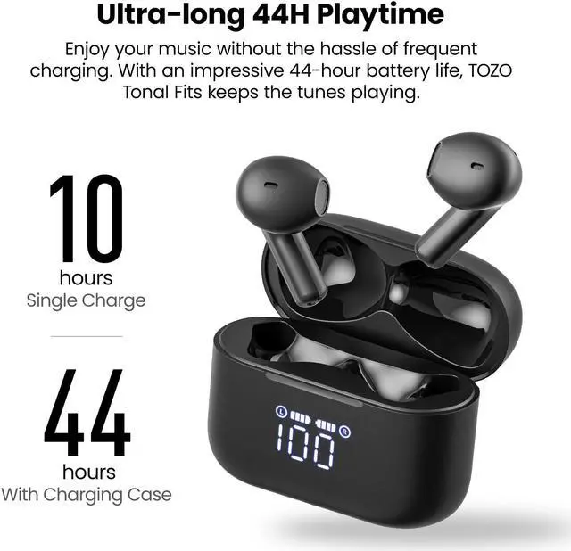 Alt view image 6 of 7 - TOZO T21 Bluetooth Wireless Earbuds Semi-in-ear Stereo Headphones Dual Mic Noise Cancelling, 44H Playtime with LED Digital Display Charging Case, Onyx Black