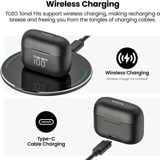 Alt view image 7 of 7 - TOZO T21 Bluetooth Wireless Earbuds Semi-in-ear Stereo Headphones Dual Mic Noise Cancelling, 44H Playtime with LED Digital Display Charging Case, Onyx Black