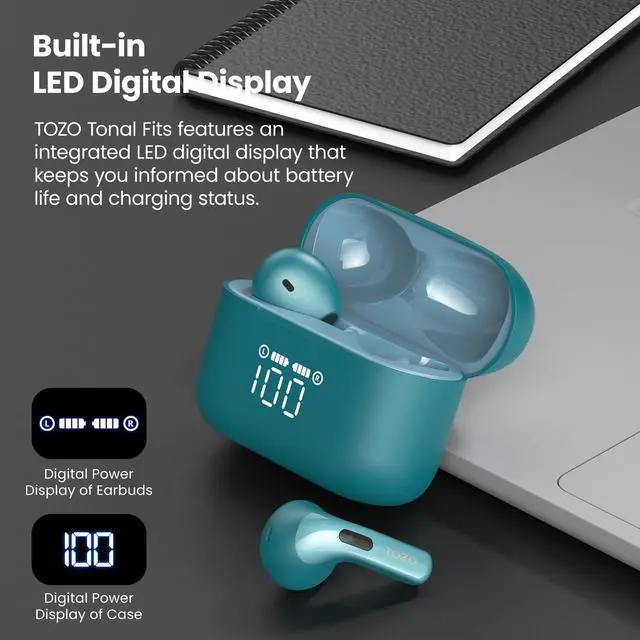 Alt view image 2 of 7 - TOZO T21 Bluetooth 5.3 Wireless Earbuds Semi-in-ear Headphones Dual Mic Noise Cancelling, 44H Playtime with LED Digital Display Charging Case, Dark Cyan