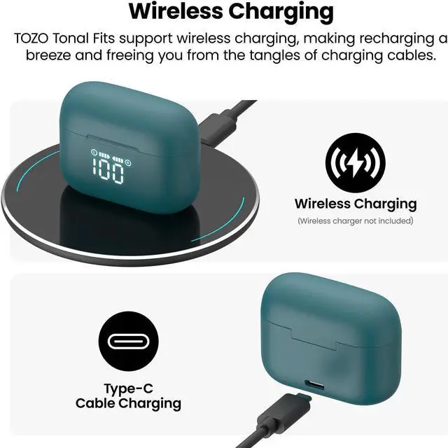 Alt view image 7 of 7 - TOZO T21 Bluetooth 5.3 Wireless Earbuds Semi-in-ear Headphones Dual Mic Noise Cancelling, 44H Playtime with LED Digital Display Charging Case, Dark Cyan