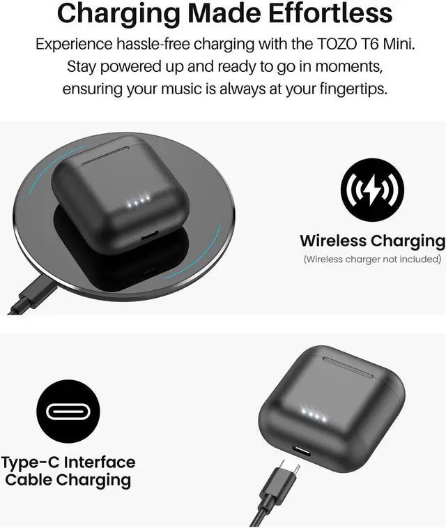 Alt view image 7 of 7 - TOZO T6 New Upgraded 2024 Wireless Earbuds IPX8 Waterproof Bluetooth 5.3 in-Ear Headphones 50H Playtime with Wireless Charging Case, APP EQ Customisable, Gloss Black
