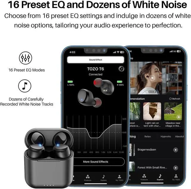 Alt view image 6 of 7 - TOZO T6 New Upgraded 2024 Wireless Earbuds IPX8 Waterproof Bluetooth 5.3 in-Ear Headphones 50H Playtime with Wireless Charging Case, APP EQ Customisable, Gloss Black